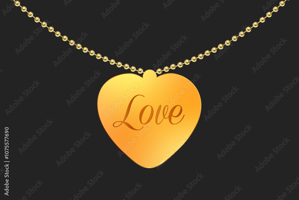 Gold necklace with heart shape and love text. Golden accessory on black background. Valentine's day, wedding anniversary gift. Vector EPS 10 Gold necklace with heart shape and love text. Golden accessory on black background. Valentine's day, wedding anniversary gift. Vector EPS 10