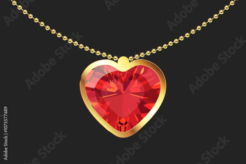 Gold necklace with red heart shape ruby. Golden accessory on black background. Valentine's day, wedding anniversary gift. Vector EPS 10