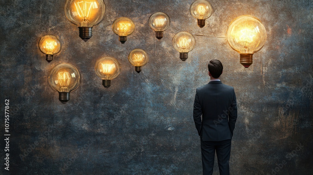 Fototapeta premium Businessman contemplating illuminated ideas on a wall.
