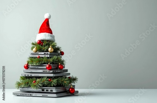 Christmas tree crafted from stacked laptops with a Santa hat on top, set against a light background with copy space, perfect for tech holiday themes.