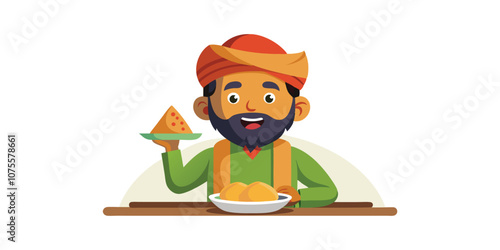 Cartoon-style illustration of a man happily eating a samosa