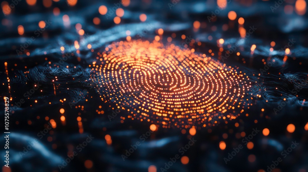 An abstract representation of a fingerprint, formed by glowing particles against a dark background An abstract representation of a fingerprint, formed by glowing particles against a dark background