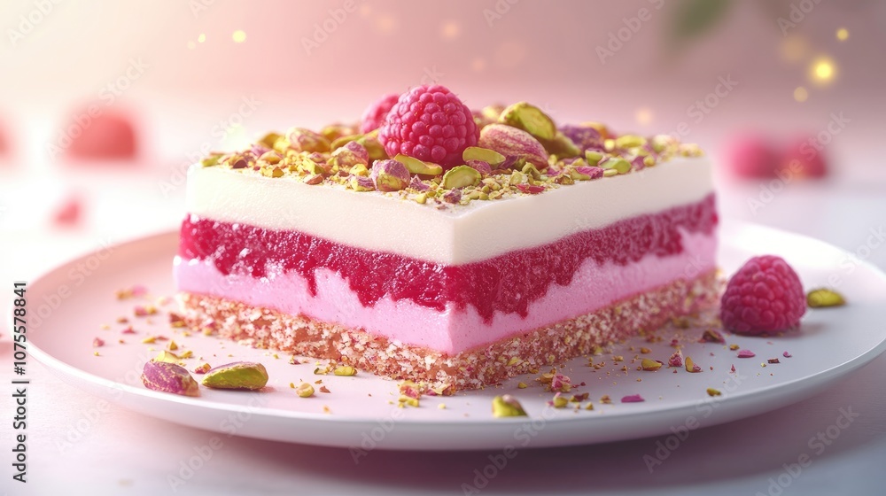 Delicious layered dessert with raspberry and pistachio garnishes on a white plate Delicious layered dessert with raspberry and pistachio garnishes on a white plate