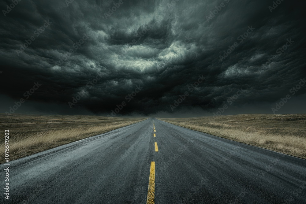 The Road to Storm- A dramatic scene of a long, winding road leading into a dark, menacing s_1(309). Beautiful simple AI generated image The Road to Storm- A dramatic scene of a long, winding road leading into a dark, menacing s_1(309). Beautiful simple AI generated image