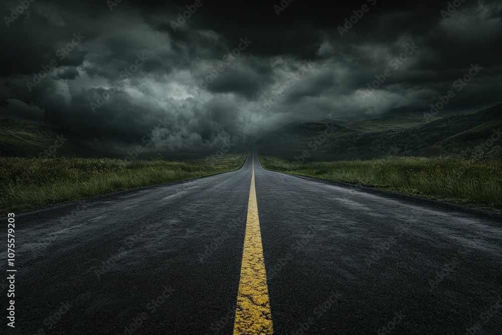  The Road to Storm- A dramatic scene of a long, winding road leading into a dark, menacing s_1(313). Beautiful simple AI generated image
