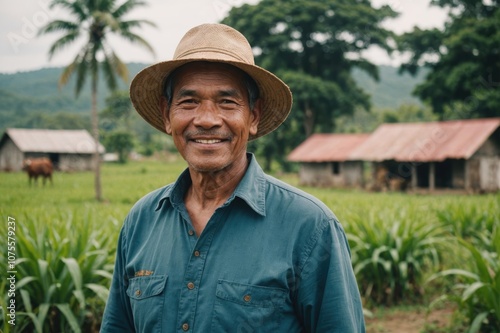 Close portrait of a smiling senior Filipino male farmer standing and looking at the camera, outdoors Filipino rural blurred background