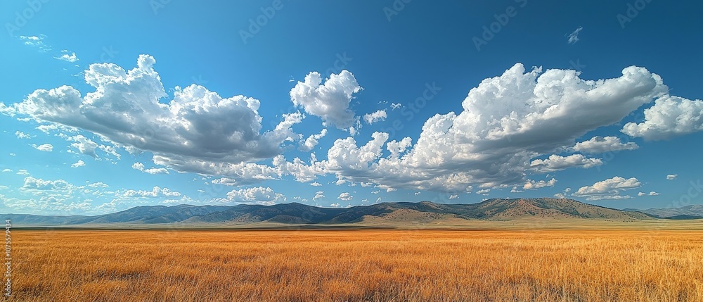 A vast landscape with golden grass under a blue sky filled with fluffy clouds. A vast landscape with golden grass under a blue sky filled with fluffy clouds.