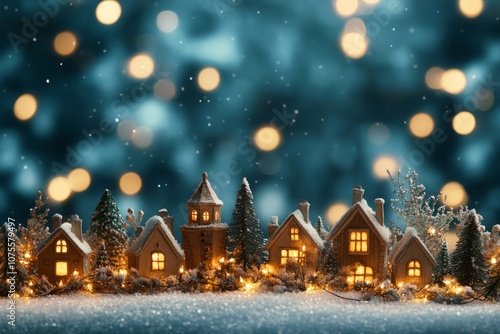 Winter landscape with small wooden houses and Christmas lights. Christmas background.