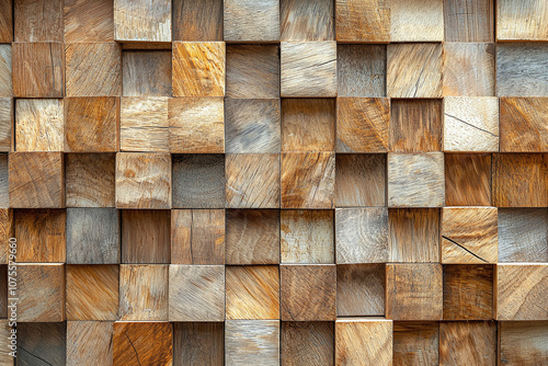 staggered wooden panels on a facade, creating a natural geometric texture. photo