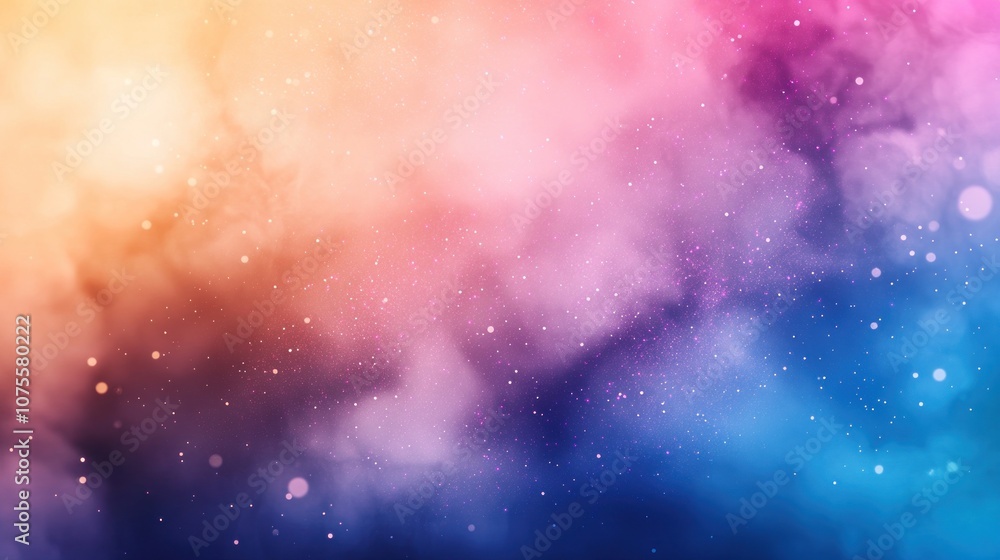 A colorful cloud with blue, pink, and purple hues. There are many small white snowflakes scattered throughout the cloud A colorful cloud with blue, pink, and purple hues. There are many small white snowflakes scattered throughout the cloud