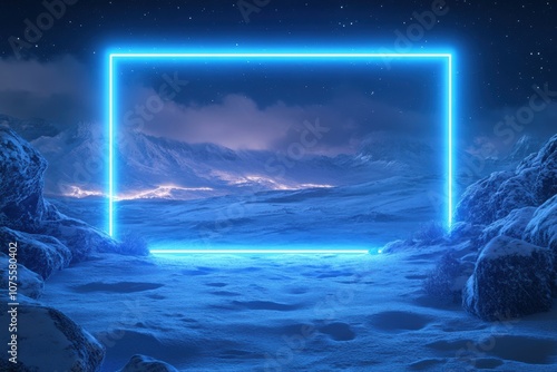 winter wonderland vision, winter-themed banner featuring a blue and white neon frame around a snow-covered landscape and night sky, with space for text photo