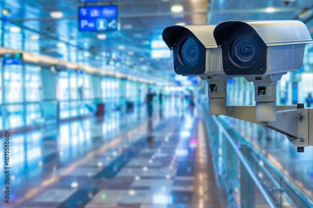 Security camera is recording inside an airport terminal, with blurred people walking