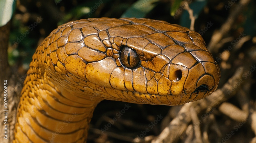 Close-up of a snake's head with scales and a yellow eye. Close-up of a snake's head with scales and a yellow eye.