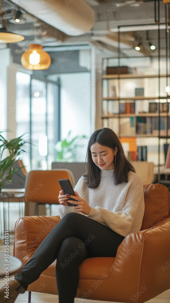 Woman sitting on sofa with mobile phone in her hands and looking to phone screen, remote on-line work in a stylish co-working space with mobile phone for productivity. Woman sitting on sofa with mobile phone in her hands and looking to phone screen, remote on-line work in a stylish co-working space with mobile phone for productivity.