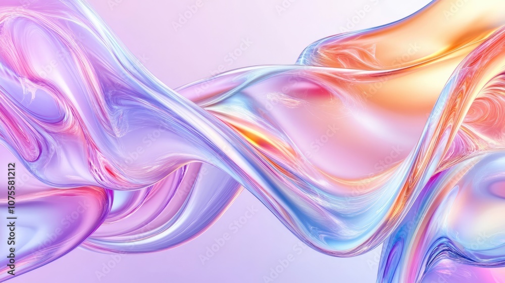 Naklejka premium Colourful glossy holographic background design. Texture with smooth flowing wavy pattern and light reflection effect