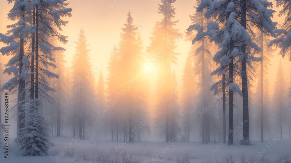 Winter landscape with snowy trees in the forest during sunrise or sunset Winter landscape with snowy trees in the forest during sunrise or sunset