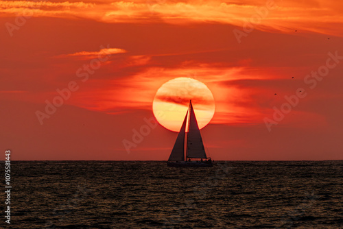 Sailboat passing in front of the sun at sunset