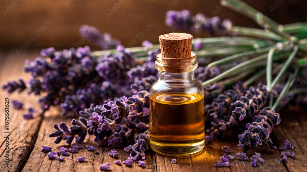 Bottle of essential oil and lavender flowers on a wooden table. AI generated Bottle of essential oil and lavender flowers on a wooden table. AI generated