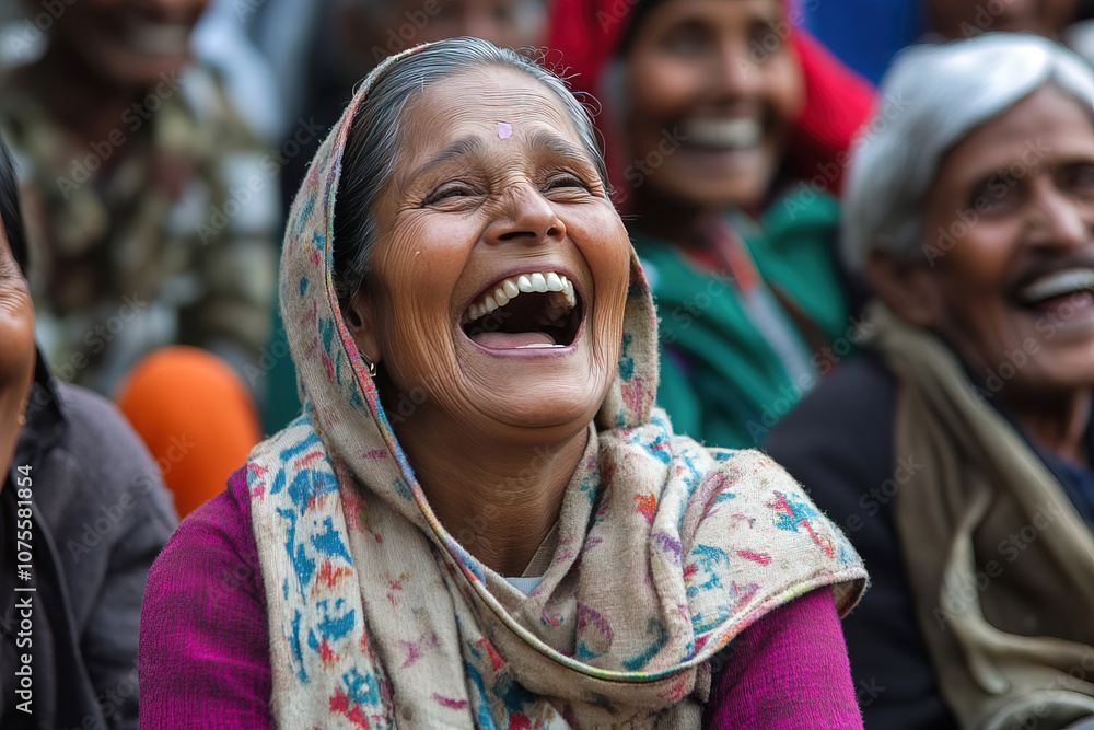 Fototapeta premium a woman of Indian appearance cheerfully Laughing in a crowd of people, April 1, world laughter day