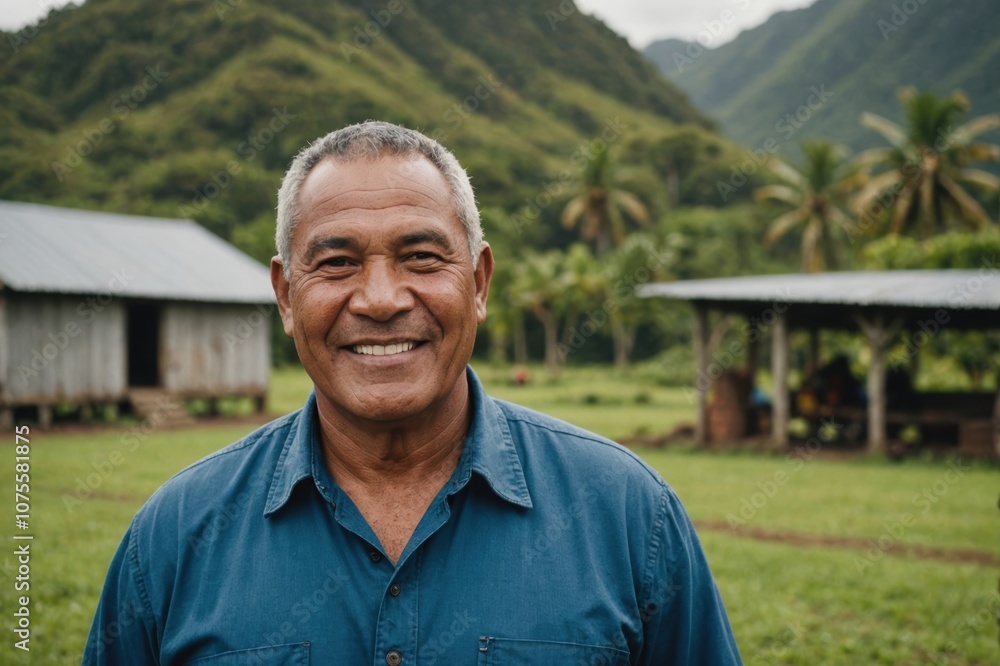 Close portrait of a smiling senior Samoan male farmer standing and looking at the camera, outdoors Samoan rural blurred background Close portrait of a smiling senior Samoan male farmer standing and looking at the camera, outdoors Samoan rural blurred background