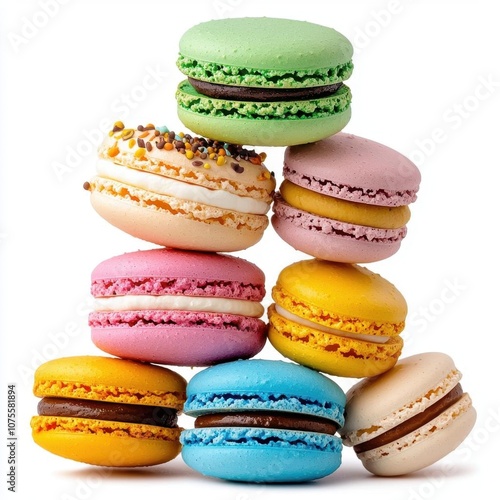 A photostock of assorted colorful macarons stacked together, ideal for dessert or patisserie themes, isolated on transparent PNG background, High Quality