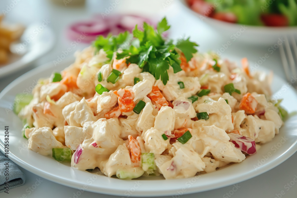 Refreshing chicken salad with vegetables served on a white plate in a bright kitchen environment during the day. Generative AI Refreshing chicken salad with vegetables served on a white plate in a bright kitchen environment during the day. Generative AI