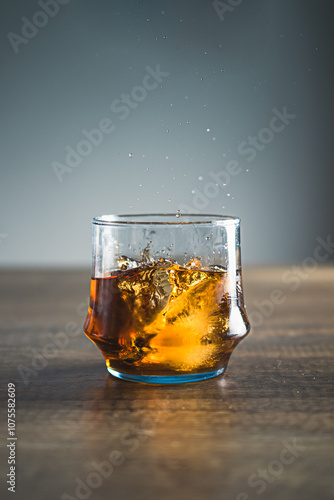 Tableau sur toile Vaso de bebida alcoholica tipo tequila wishky sobre mea de madera con gotas caye