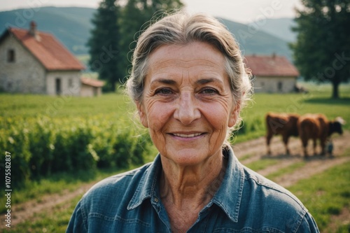 Close portrait of a smiling senior Serbian female farmer standing and looking at the camera, outdoors Serbian rural blurred background