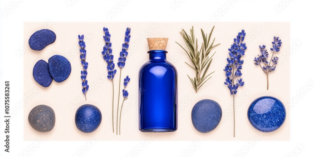 Cobalt blue objects arranged artistically on a sand-colored background for a minimalistic and abstract display