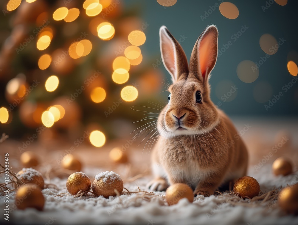 Cute rabbit on golden blurred background with bokeh effect and copy space. New Year, Christmas card with pet. Cute rabbit on golden blurred background with bokeh effect and copy space. New Year, Christmas card with pet.