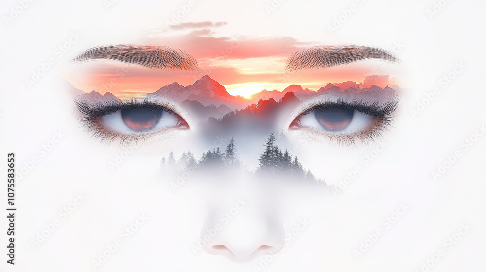 Fototapeta premium A close-up of a woman's eyes with a mountain landscape reflected in them.