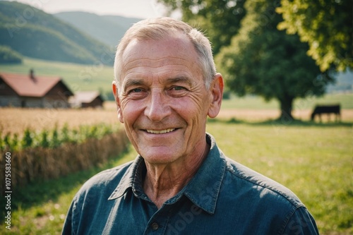 Close portrait of a smiling senior Slovak male farmer standing and looking at the camera, outdoors Slovak rural blurred background