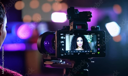 A person filming with a camera, capturing a scene with a colorful background and soft lighting.