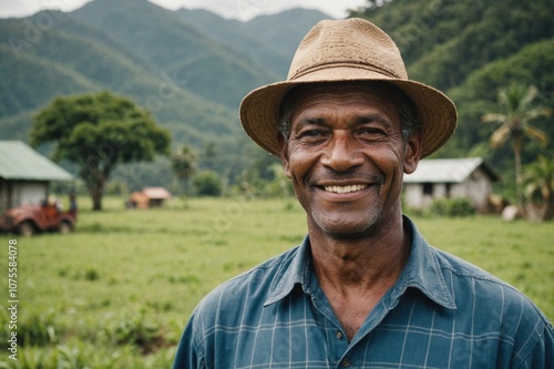 Close portrait of a smiling senior Solomon Islander male farmer standing and looking at the camera, outdoors Solomon Islander rural blurred background