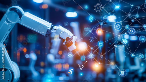 Industrial robots working in a connected environment with floating icons representing various smart technologies, highlighting the evolution of automation in manufacturing. Suitabl photo