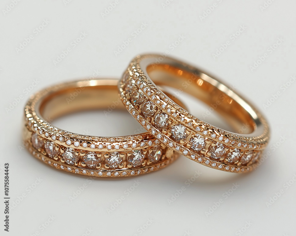 A classic of gold wedding bands, including a sparkling diamond engagement ring, displayed on a white surface. A classic of gold wedding bands, including a sparkling diamond engagement ring, displayed on a white surface.