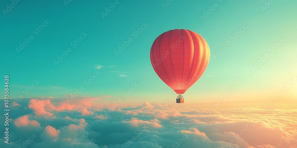 Fototapeta A Vibrant Red Hot Air Balloon Floats Gracefully Above Fluffy Clouds During a Breathtaking Sunrise in the Early Morning Sky