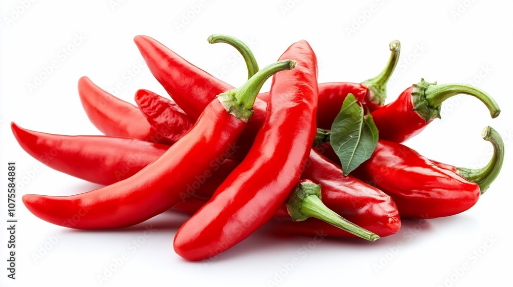 A bunch of red chili peppers with green stems on a white background. A bunch of red chili peppers with green stems on a white background.