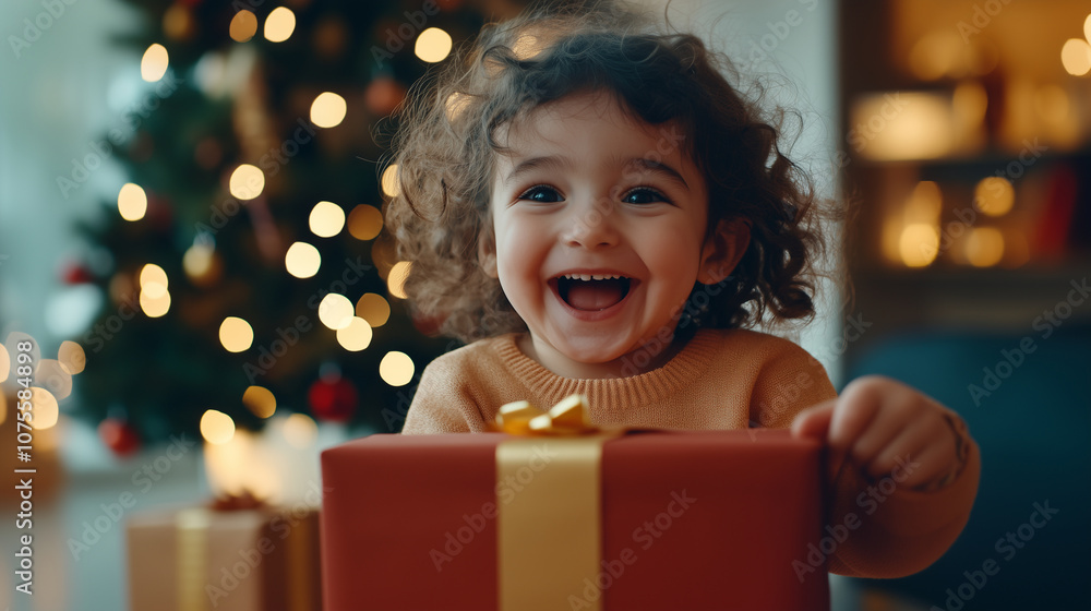 Surprised cute child girl opening a Christmas present. Little kid having fun near decorated tree indoors. Happy holidays and New Year 2025 Surprised cute child girl opening a Christmas present. Little kid having fun near decorated tree indoors. Happy holidays and New Year 2025