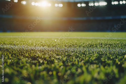 Soccer field with a warm golden hour glow and stadium lights in background close-up of grass in foreground dramatic evening light
