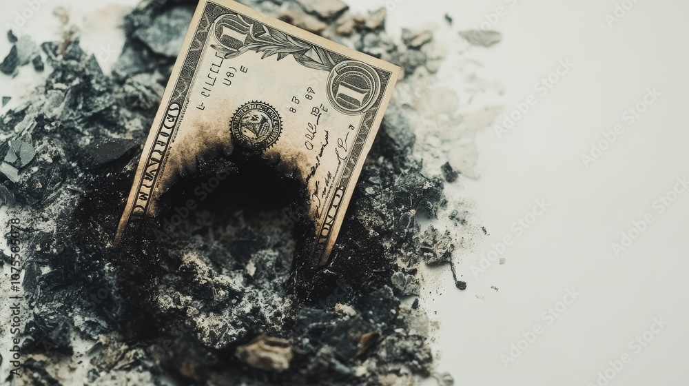 Paraphrased Text: A singular dollar is placed on top of a burnt hole in paper, which is isolated on a white background. Paraphrased Text: A singular dollar is placed on top of a burnt hole in paper, which is isolated on a white background.