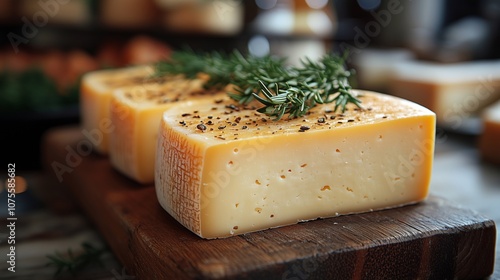 Delicious Artisan Cheese with Fresh Herbs on a Wooden Board