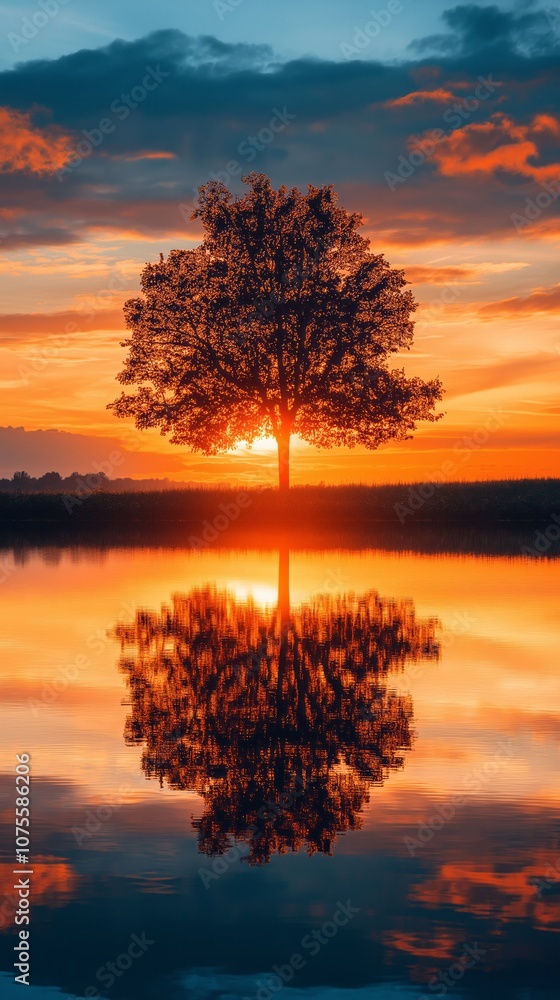 Lone tree reflecting in a lake at sunset with vibrant colors Lone tree reflecting in a lake at sunset with vibrant colors