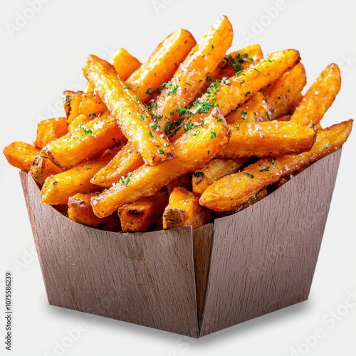 A photostock of fresh sweet potato fries, perfect for healthy snack or fast food themes, isolated on transparent PNG background, High Quality