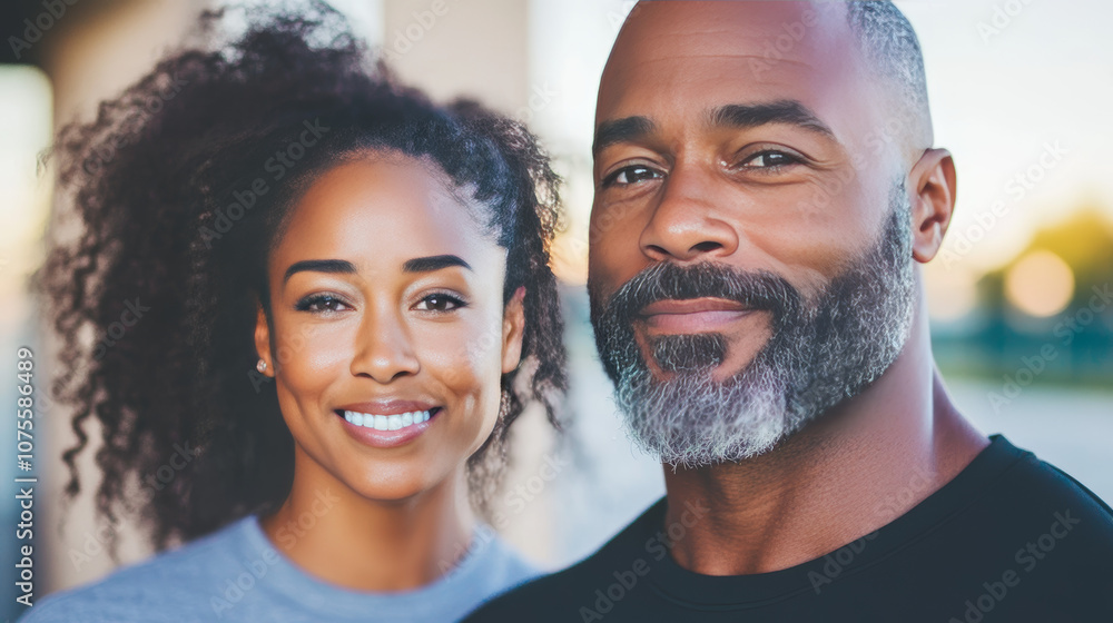 A young Black woman smiles brightly next to a man with a gray beard. A young Black woman smiles brightly next to a man with a gray beard.