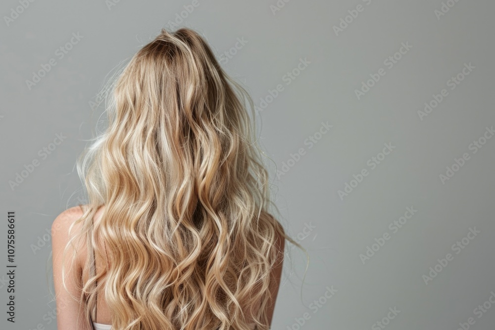 Blonde Hair Close Up. Rear View of Young Woman with Wavy Tanned Hair on Gray Background Blonde Hair Close Up. Rear View of Young Woman with Wavy Tanned Hair on Gray Background