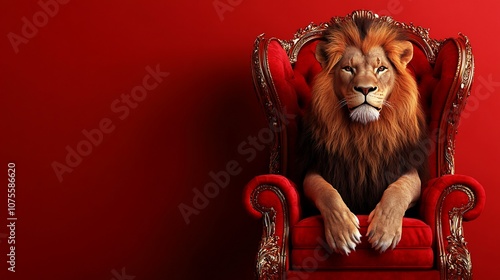 A majestic lion sits regally in a plush red armchair against a red backdrop. photo