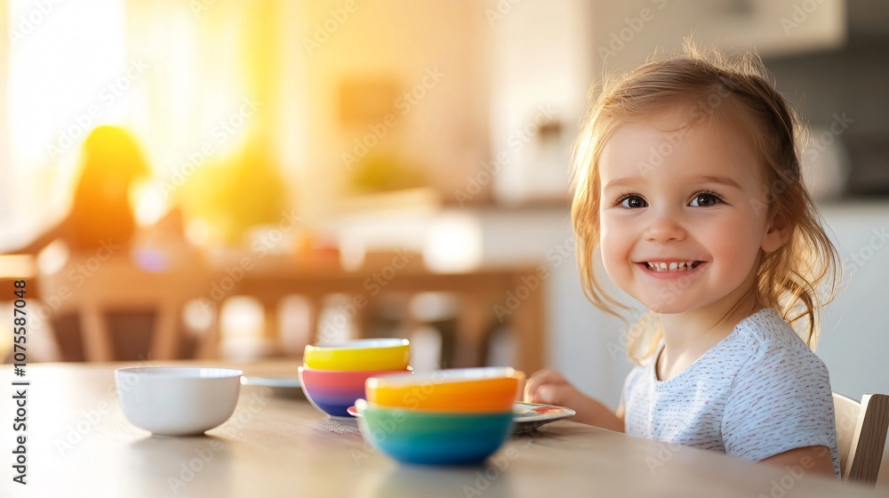 Happy little girl at the kitchen table with colorful dishes, enjoying mealtime in a sunny and cheerful home Happy little girl at the kitchen table with colorful dishes, enjoying mealtime in a sunny and cheerful home
