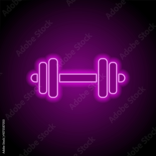 Dumbbell simple icon vector. Flat design. Purple neon on black background