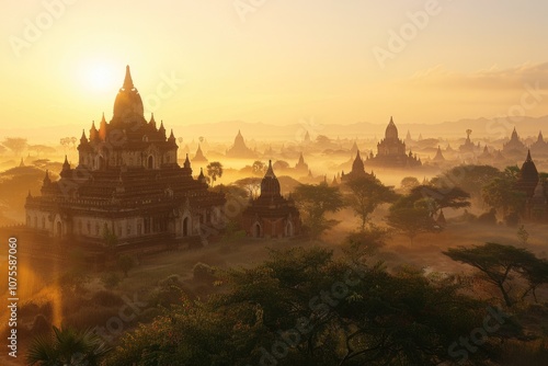 Burma: Temple Pagodas in Bagan, Myanmar at Sunrise. Ancient Asian Landscape